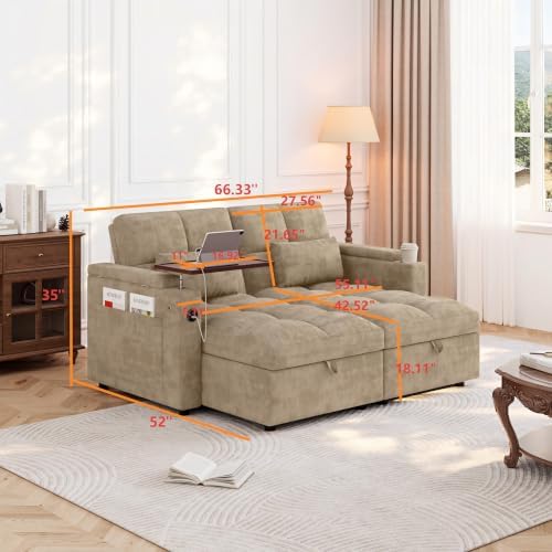 Convertible Sectional Sofa Bed with Storage, Tray & USB Port, Khaki