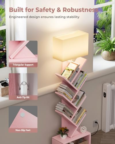 Evermagin 6 Tier Tree Bookshelf with Light, Bookcase, Pink