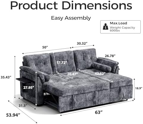 Convertible Sleeper Sofa Bed, 63 Inch Chenille Pull Out Couch with Side Table & Adjustable Backrest, Sectional Sleeper Sofa with Pull Out Bed for Living Room, Apartment, Gray