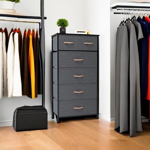 Crestlive Products Vertical Dresser Storage Tower - Sturdy Steel Frame, Wood Top, Easy Pull Fabric Bins, Wood Handles - Organizer Unit for Bedroom, Hallway, Entryway, Closets - 6 Drawers (Gray)