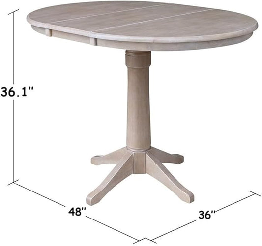 International Concepts 36" Round Top Pedestal Table with 12" Leaf-34.9" H-Dining or Counter Height, Washed Gray Taupe