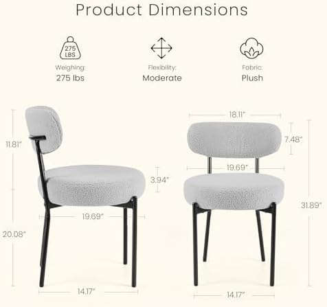DUMOS Dining Chairs Set of 4, Mid Century Modern Chair Round Upholstered Curved Backrest, Kitchen Vanity Living Room Chairs with Black Metal Legs,Classic Grey