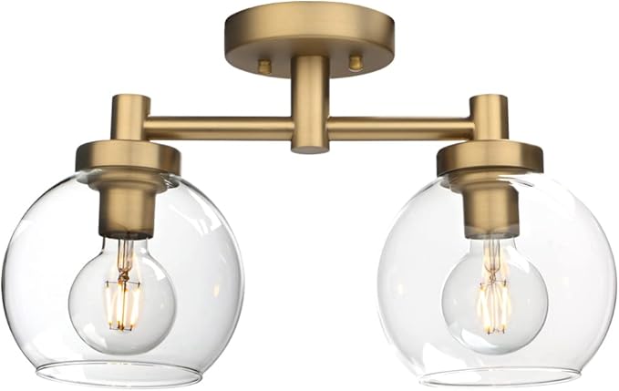 Pathson Glass Ceiling Light Fixtures, 2 Lights Globe Round Ceiling Lighting Lamp, Semi-Flush Mounted Ceiling Lights for Living Room Bathroom Hallway Loft Kitchen
