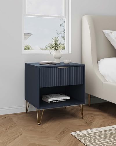 Manhattan Comfort Dumbo Fluted Nightstand with Drawer and Open Shelf, Gold Hairpin Legs and Metal Handle, Snap Tool-Free Assembly, Modern Bedside Accent Table for Bedroom, Living Room in Midnight Blue
