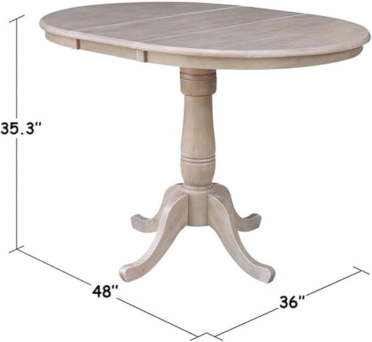International Concepts 36" Round Top Pedestal Table with 12" Leaf-34.9" H-Dining or Counter Height, Washed Gray Taupe
