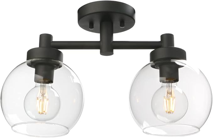 Pathson Glass Ceiling Light Fixtures, 2 Lights Globe Round Ceiling Lighting Lamp, Semi-Flush Mounted Ceiling Lights for Living Room Bathroom Hallway Loft Kitchen