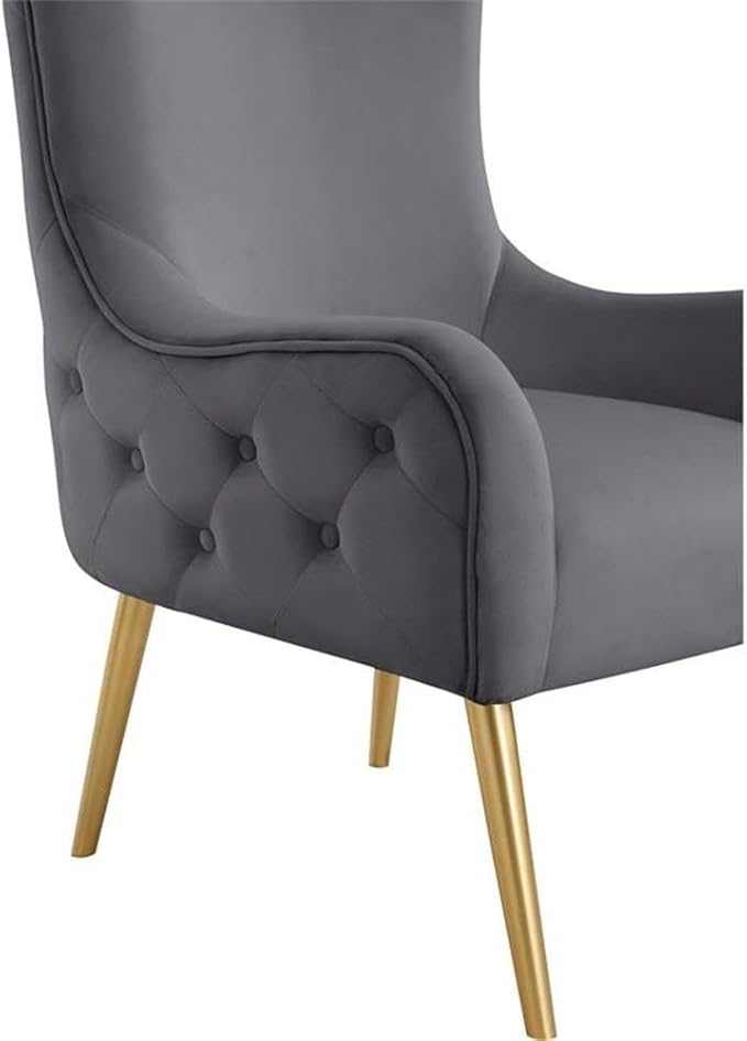 Meridian Furniture 536Grey Alexander Collection Modern | Contemporary Velvet Upholstered Accent Chair with Sturdy Gold Metal Legs and Deep Button Tufting on Back, 27" W x 33" D x 51" H