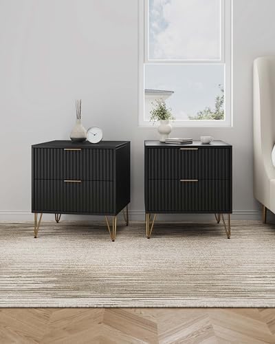Manhattan Comfort Dumbo Modern Nightstand 2.0 with 2 Metal Feet | Splayed Gold Legs | Vertical Ribbed Design | No Tool Assembly Storage for Bedroom, Set of 2, Black