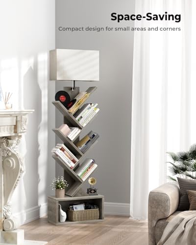 Evermagin 6 Tier Tree Bookshelf with Light, Bookcase, Gray