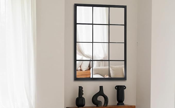 Balck Rectangle Mirror,Window Pane Grid Mirror,Minimalism Wall Mounted Mirror for Entryway,Hallway,Living Room,Fireplace 24"X36"