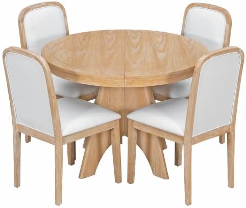 Bellemave 5-Piece Extendable Round Dining Table Set with 4 Upholstered Chairs, 42"-58" Round Kitchen Table Set for 4-6 with Removable Leaf and Crossed Legs for Kitchen, Dining Room (Natural Wood Wash)
