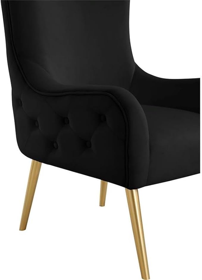 Meridian Furniture 536Black Alexander Collection Modern | Contemporary Velvet Upholstered Accent Chair with Sturdy Gold Metal Legs and Deep Button Tufting on Back, 27" W x 33" D x 51" H
