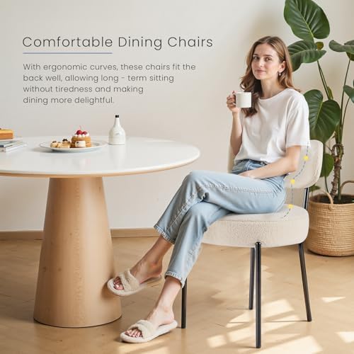 DUMOS Dining Chairs Set of 4, Mid Century Modern Chair Round Upholstered Curved Backrest, Kitchen Vanity Living Room Chairs with Black Metal Legs,Light Beige