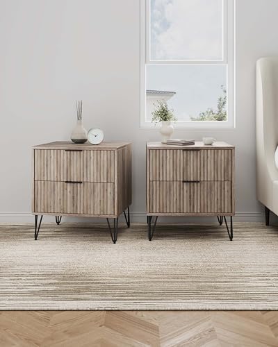 Manhattan Comfort Dumbo Modern Nightstand 2.0 with 2 Metal Feet | Splayed Gold Legs | Vertical Ribbed Design | No Tool Assembly Storage for Bedroom, Set of 2, Rustic Grey