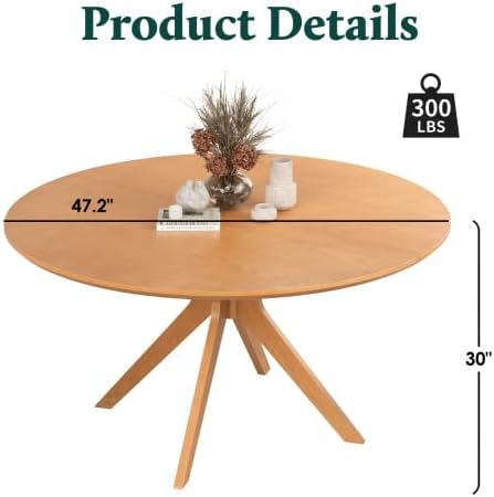 Bellemave Round Dining Table for 4-6, Solid Wood 47" Kitchen Table with Intersecting Pedestal Base, for Kitchen, Dining Room, Living Room (Honey)