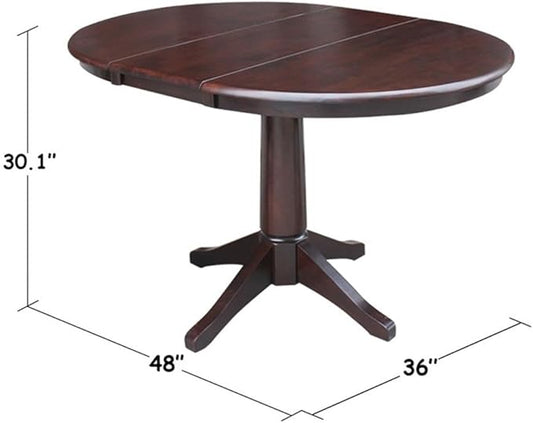 International Concepts 36" Round Top Pedestal Table with 12" Leaf-28.9" H-Dining Height, Rich Mocha
