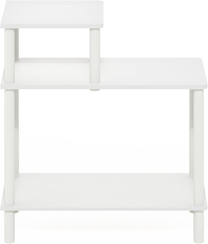 Furinno Turn-N-Tube Side Table, 3-Tier Rectangle Sofa End Table with Open Shelf, Toolless Assembly Night Stand, Bedside Table, for Living Room, Bedroom, White