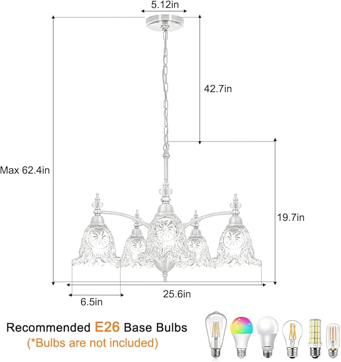 Vintage 5 Light Chandelier, Brushed Nickel Dining Room Light Fixtures Over Table, Farmhouse Glass Chandelier Ceiling Light Fixture for Kitchen, Dinning, Foyer, Bathroom, Living Room