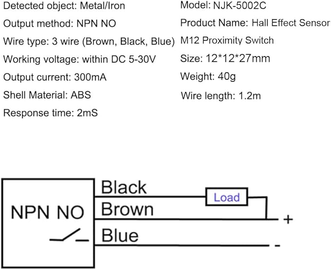 12mm Hall Effect Proximity Sensor Inductive Switch NPN NO(Normally Open) with Magnet DC5-30V NJK-5002C,Detecting Distance: 10mm