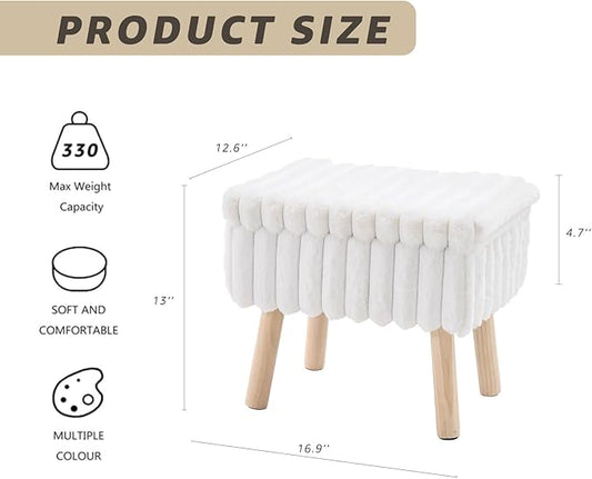 Wimarsbon Storage Ottoman,Soft Faux Fur Footstool with Padded Seat, Small Reading Vanity Chair, Footrest with Wood Tray for Couch, Mini Coffee Table or Display Stand (Cream)