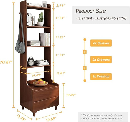 IOTXY Walnut Bedside Table Bookshelf - 71" Tall Free Standing Wooden Open Shelf Bookcase with Drawers and 4-Shelves for Bedroom, Bed Side End Table, Nightstand