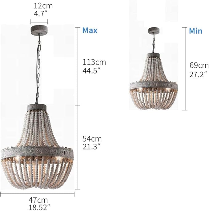 Newrays Wood Beaded Chandelier Pendant Three Lights Gray White Finishing Retro Vintage Antique Rustic Kitchen Ceiling Lamp Light Fixtures(18.52 in*21.3 in)