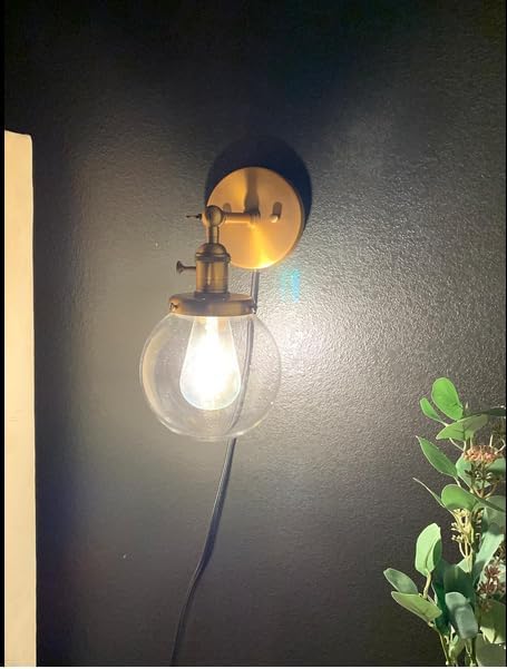PERMO Plug in Wall Sconce with 5.9" Round Globe Clear Glass Shade and On/Off Switch Industrial Wall lamp Light Fixture 1-Light (Black)