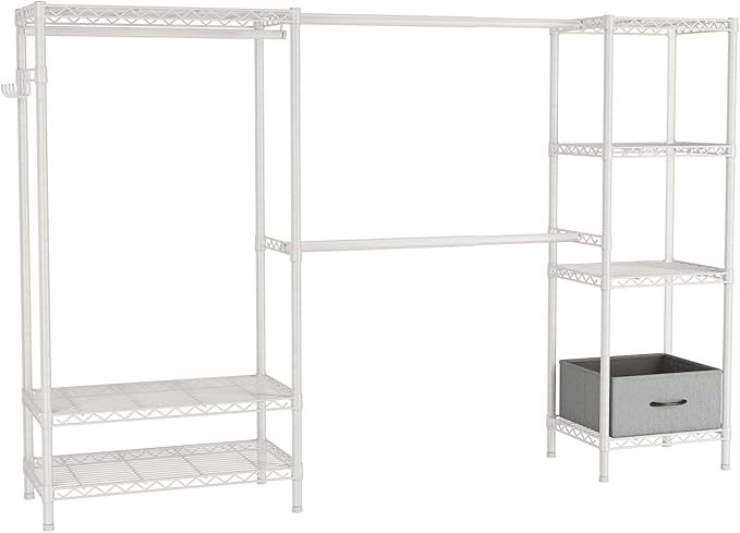 Coat Rack Clothes Wardrobe:Closet Organizer and Storage Clothing Garment Rack with Shelves Heavy Duty for Hanging Clothes Portable Adjustable White 15.8" Dx(70-88.5)" Wx76.5 H