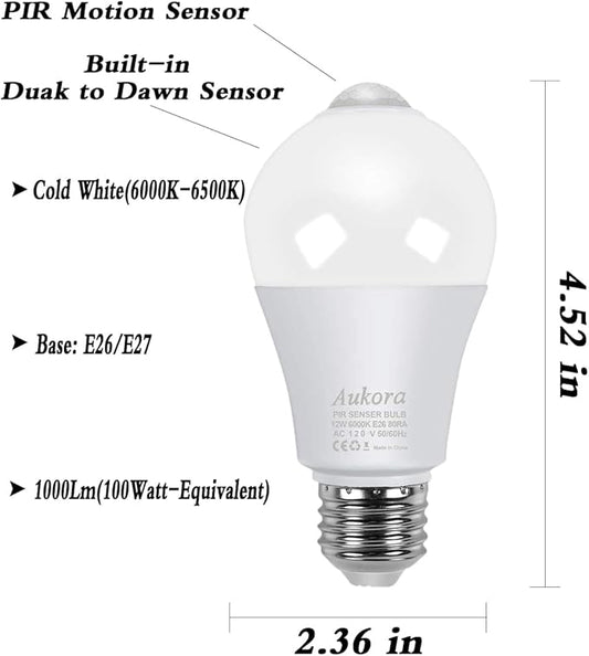 Aukora Motion Sensor Light Bulbs, 12W (100-Watt Equivalent) E26 Motion Activated Dusk to Dawn Security Bulb Outdoor/Indoor for Front Door Porch Garage Basement Hallway Closet(Cold White 2 Pack)