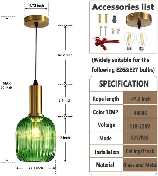 Stunning Green Striped Glass Pendant Light Fixture, 7.87", Bonus 2 A60 Bulbs Included, 2-Pack with Flexible Cords – Enchanting Addition to Kitchen Island, Bedroom Décor