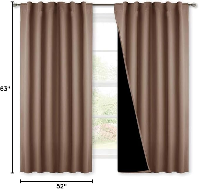 NICETOWN Total Blackout Panels for Nursery, Super Soft, Heavy Duty and Thick Window Treatment Curtains 63 inches Long with Black Lined for Basement (1 Pair, Cappuccino, 52 inches Wide Each Panel)