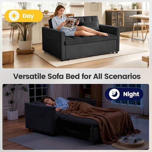 54" Convertible Pull Out Sofa Bed with Adjustable Backrest, Black