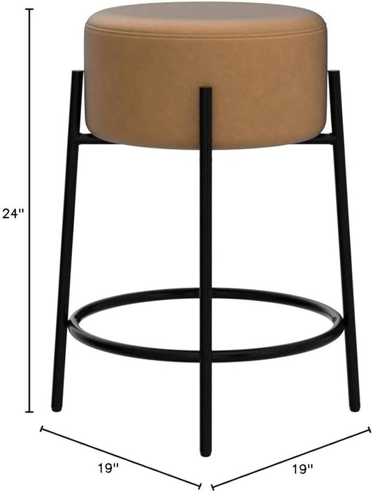 Nathan James Isaac 24" Modern Backless Bar Stool with Round Soft Padded Upholstered Seat and Metal Mid-Century Base, PU Light Brown/Black, Set of 2