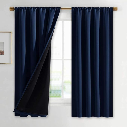 NICETOWN 100% Blackout Curtains, Thermal Insulated Black Liner Panels for Nursery Room, Noise Reducing and Cold Blocking Drapes for Windows (Set of 2, Navy, 42 inches Wide by 63 inches Long)