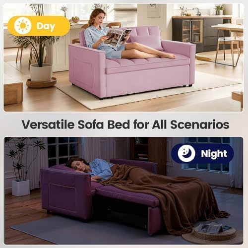 54" Convertible Pull Out Sofa Bed with Adjustable Backrest, Pink