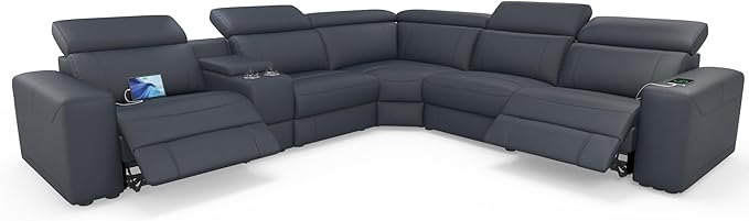 AMERLIFE Power Recliner Sectional Sofa with Storage/USB Port, Leather Recliner Sofa with Adjustable Headrest, Reclining Sectional Couches with Console and Cup Holder for Living Room (Gray, 5-Seater)