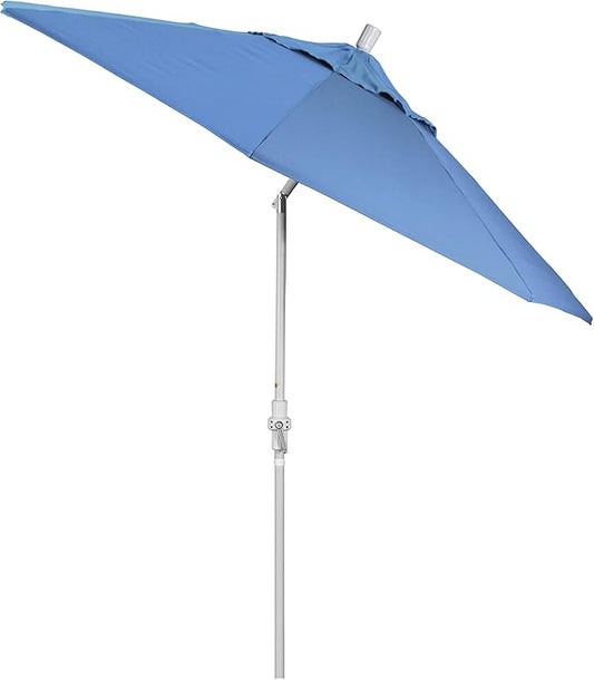 California Umbrella 9' Round Aluminum Pole Fiberglass Rib Patio Umbrella, Crank Lift, Collar Tilt, White Finish, Frost Blue Olefin
