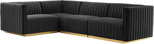 Modway Conjure Channel Tufted Performance Velvet Sectional, 4-Piece Left-Facing Sofa, Gold Black