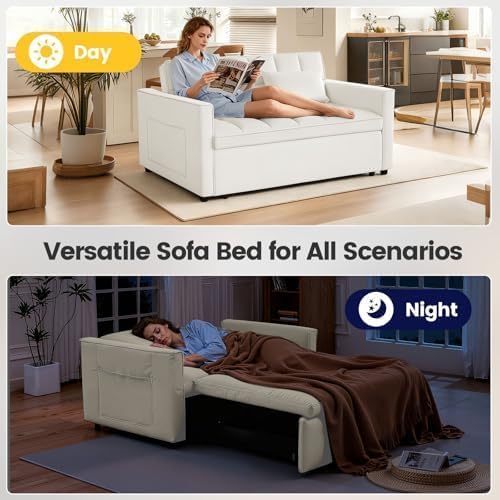 54" Convertible Pull Out Sofa Bed with Adjustable Backrest, White