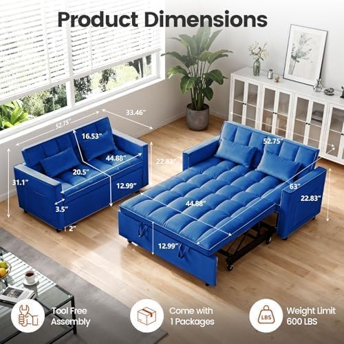 54" Convertible Pull Out Sofa Bed with Adjustable Backrest, Blue