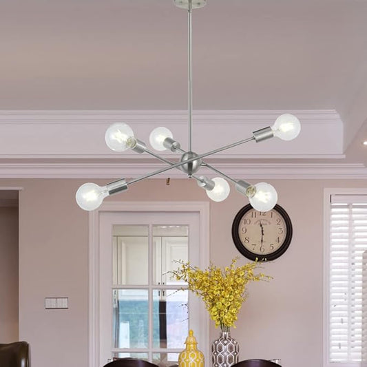 BONLICHT Sputnik Chandelier 6 Lights Modern Pendant Lighting Brushed Nickel Mid Century Flush Mount Ceiling Light Fixture by UL Listed
