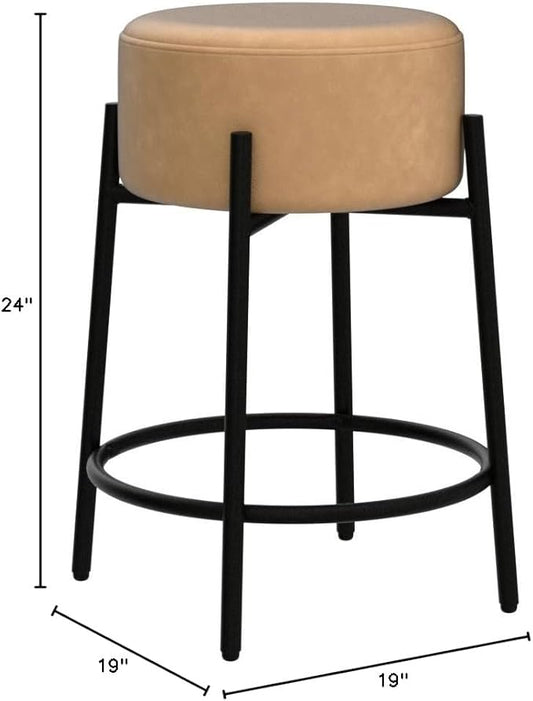 Nathan James Isaac 24" Modern Backless Bar Stool with Round Soft Padded Upholstered Seat and Metal Mid-Century Base, PU Light Brown/Black, Set of 4