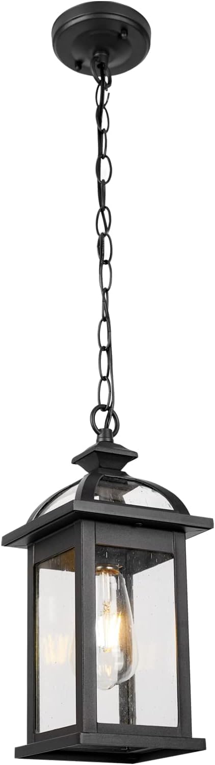 Darkaway Outdoor Pendant Light Fixture Lantern, Hanging Porch Light with Glass Aluminum Outdoor Pendant Lights for Porch, Patio, Entryway (2 Pack, Black)