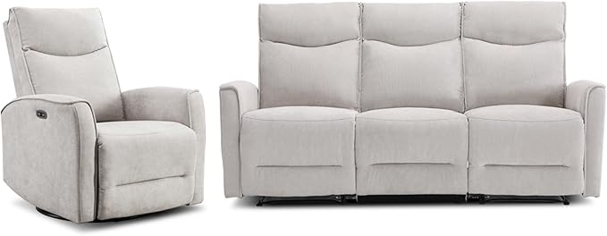 ANJ 2 Pieces Recliner Sofa Furniture Set,Include Power Swivel Recliner Chair with USB Port and 80" Wide Overstuffed 3 Seater Reclining Couch for Living Room, Light Grey