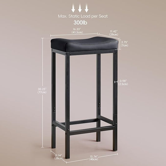 Counter Height Bar Stools Set of 2, 30 Inch Bar Stools for Kitchen Counter, Faux Leather Bar Stool, Saddle Barstool with Footrest & Heavy-Duty Metal Base, Easy Assembly, Black