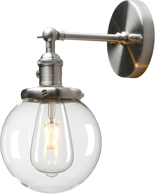 PERMO Vintage Industrial Wall Sconce Lighting Fixture with Mini 5.9" Round Clear Glass Globe Hand Blown Shade (Brushed)