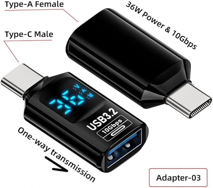 CY Adapter 3pcs/lot Type-C Smart LED Display USB-C to USB3.2 Type-A Adapter 10Gbps Data Current Voltage Fast Charging Monitoring Display Tester Detector