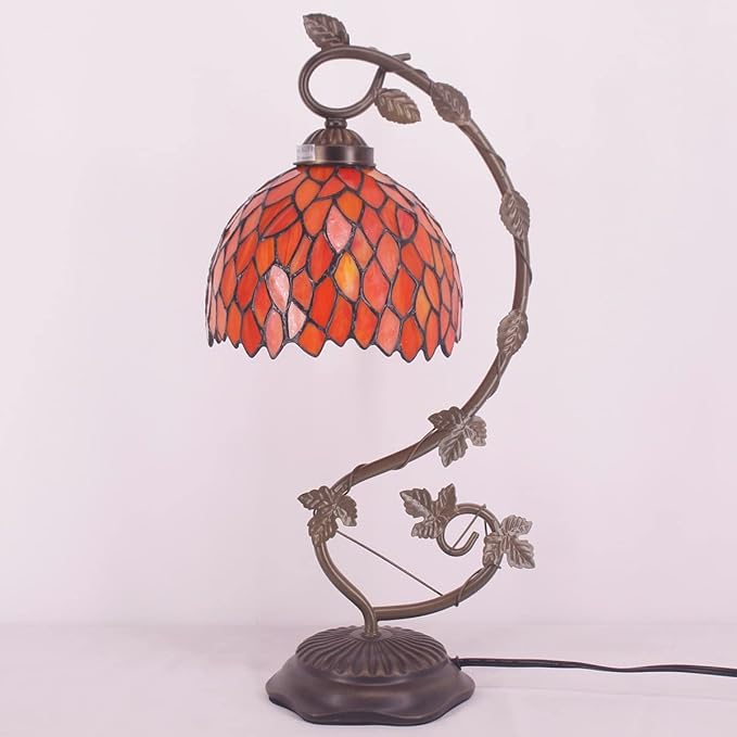 WERFACTORY Tiffany Lamp Red Wisteria Stained Glass Table Lamp, Metal Leaf Base 8X10X21 Inches Desk Reading Light Decor Small Space Bedroom Home Office S523R Series
