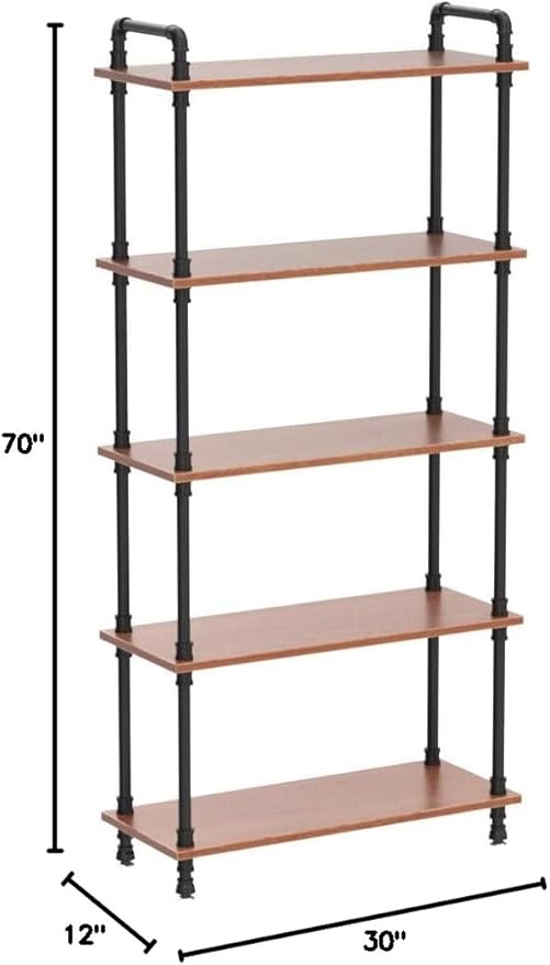 Industrial Bookshelf, 5 Shelf Bookcase, Rustic Brown Pipe Shelving (29.5" L x 11.8" W x 70" H)