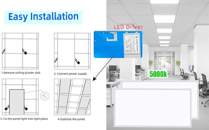 2x4 LED Flat Panel Light,6 Pack,7800LM LED Ceiling Light Fixture,0-10V Dimmable,5000K Daylight White Recessed Edge-Lit Troffer Fixture,ETL Certificated,Works from 110-277V AC